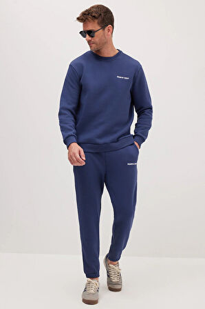 Erkek Relax Fit Pamuklu 3 İplik Yumuşak Dokulu İçi Polarlı Bisiklet Yaka Lacivert Eşofman Takımı