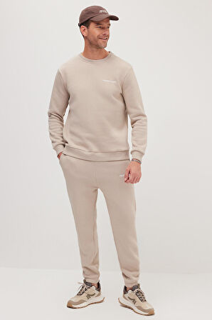 Erkek Relax Fit Pamuklu 3 İplik Yumuşak Dokulu İçi Polarlı Bisiklet Yaka Bej Eşofman Takımı