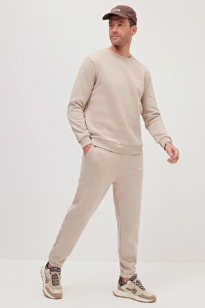 Erkek Relax Fit Pamuklu 3 İplik Yumuşak Dokulu İçi Polarlı Bisiklet Yaka Bej Eşofman Takımı