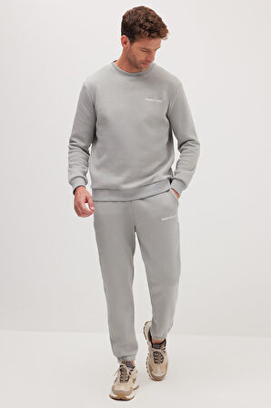 Erkek Relax Fit Pamuklu 3 İplik Yumuşak Dokulu İçi Polarlı Bisiklet Yaka Gri Eşofman Takımı