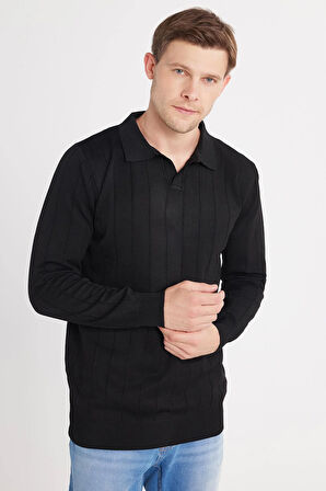Erkek Slim Fit Dar Kesim Uzun Kol Polo Yaka Çizgili Siyah Kazak