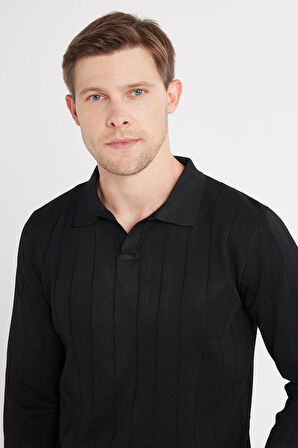 Erkek Slim Fit Dar Kesim Uzun Kol Polo Yaka Çizgili Siyah Kazak