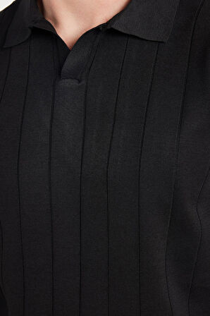 Erkek Slim Fit Dar Kesim Uzun Kol Polo Yaka Çizgili Siyah Kazak