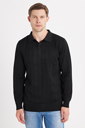 Erkek Slim Fit Dar Kesim Uzun Kol Polo Yaka Çizgili Siyah Kazak