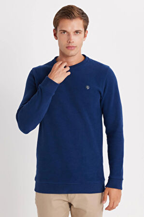 Erkek Slim Fit Dar Kesim Pamuklu Selanik Kumaş Bisiklet Yaka İndigo Sweatshirt