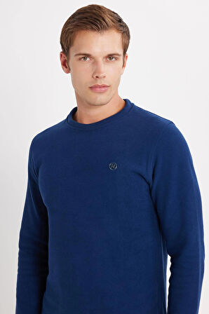 Erkek Slim Fit Dar Kesim Pamuklu Selanik Kumaş Bisiklet Yaka İndigo Sweatshirt