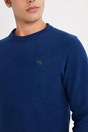 Erkek Slim Fit Dar Kesim Pamuklu Selanik Kumaş Bisiklet Yaka İndigo Sweatshirt
