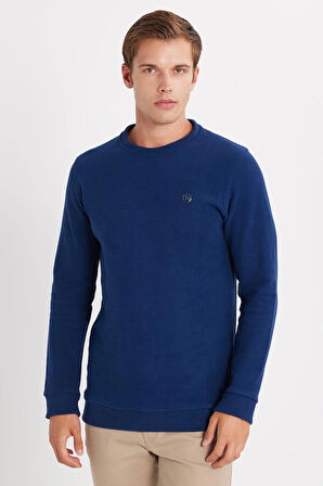 Erkek Slim Fit Dar Kesim Pamuklu Selanik Kumaş Bisiklet Yaka İndigo Sweatshirt