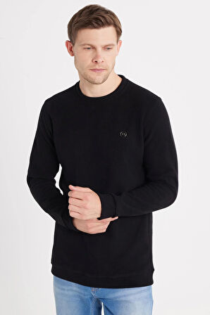 Erkek Slim Fit Dar Kesim Pamuklu Selanik Kumaş Bisiklet Yaka Siyah Sweatshirt