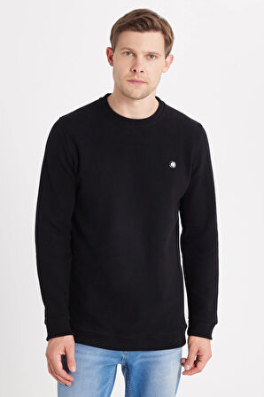 Erkek Slim Fit Dar Kesim Pamuklu Selanik Kumaş Bisiklet Yaka Siyah Sweatshirt
