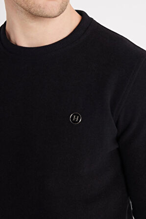 Erkek Slim Fit Dar Kesim Pamuklu Selanik Kumaş Bisiklet Yaka Siyah Sweatshirt