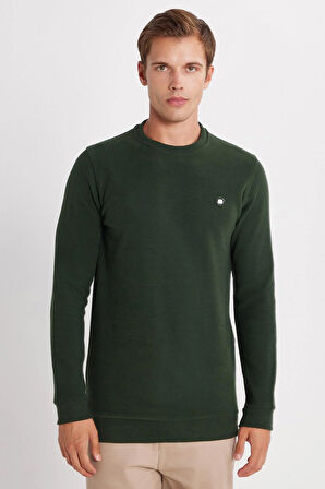 Erkek Slim Fit Dar Kesim Pamuklu Selanik Kumaş Bisiklet Yaka Yeşil Sweatshirt