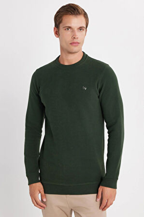Erkek Slim Fit Dar Kesim Pamuklu Selanik Kumaş Bisiklet Yaka Yeşil Sweatshirt