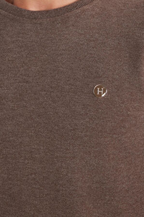 Erkek Slim Fit Dar Kesim Pamuklu Selanik Kumaş Bisiklet Yaka Kahverengi Sweatshirt