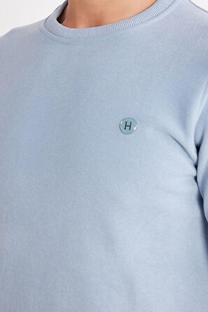 Erkek Slim Fit Dar Kesim Pamuklu Selanik Kumaş Bisiklet Yaka Mavi Sweatshirt