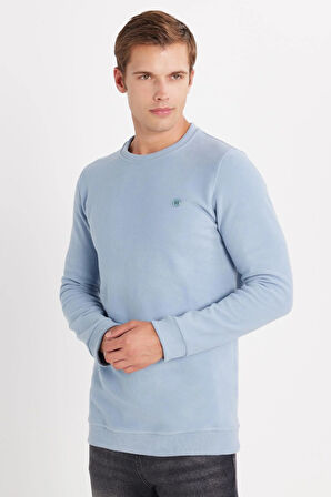 Erkek Slim Fit Dar Kesim Pamuklu Selanik Kumaş Bisiklet Yaka Mavi Sweatshirt