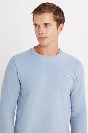 Erkek Slim Fit Dar Kesim Pamuklu Selanik Kumaş Bisiklet Yaka Mavi Sweatshirt