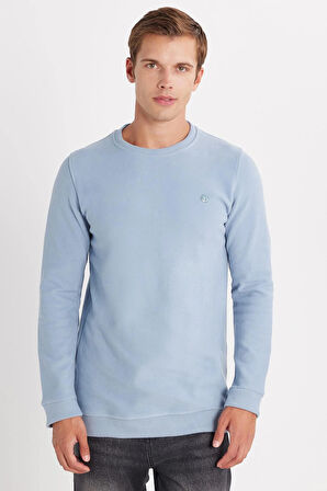 Erkek Slim Fit Dar Kesim Pamuklu Selanik Kumaş Bisiklet Yaka Mavi Sweatshirt