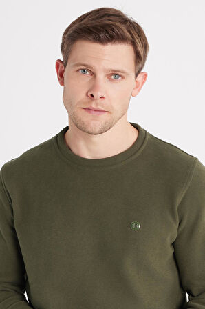 Erkek Slim Fit Dar Kesim Pamuklu Selanik Kumaş Bisiklet Yaka Haki Sweatshirt