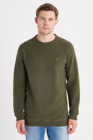 Erkek Slim Fit Dar Kesim Pamuklu Selanik Kumaş Bisiklet Yaka Haki Sweatshirt