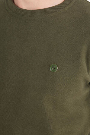 Erkek Slim Fit Dar Kesim Pamuklu Selanik Kumaş Bisiklet Yaka Haki Sweatshirt