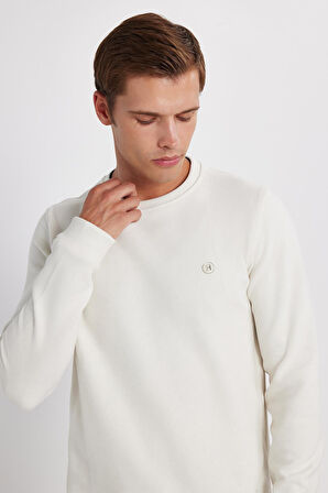 Erkek Slim Fit Dar Kesim Pamuklu Selanik Kumaş Bisiklet Yaka Ekru Sweatshirt