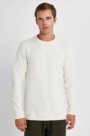 Erkek Slim Fit Dar Kesim Pamuklu Selanik Kumaş Bisiklet Yaka Ekru Sweatshirt