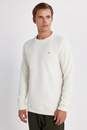 Erkek Slim Fit Dar Kesim Pamuklu Selanik Kumaş Bisiklet Yaka Ekru Sweatshirt