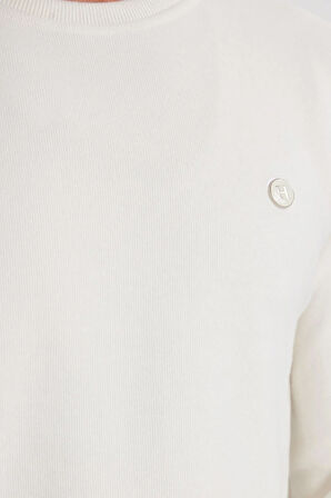 Erkek Slim Fit Dar Kesim Pamuklu Selanik Kumaş Bisiklet Yaka Ekru Sweatshirt