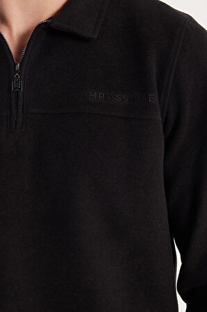 Erkek Standart Fit Pamuklu Selanik Kumaş Yarım Fermuarlı Polo Yaka Baskılı Siyah Sweatshirt