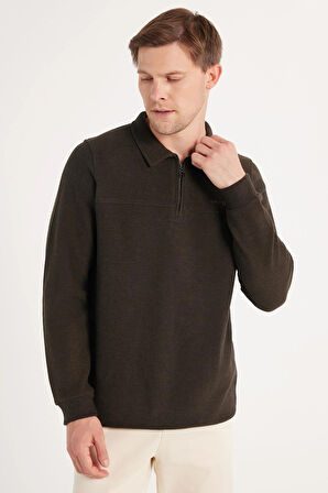 Erkek Standart Fit Pamuklu Selanik Kumaş Yarım Fermuarlı Polo Yaka Baskılı Kahverengi Sweatshirt