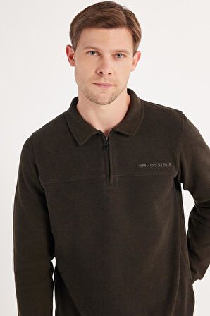 Erkek Standart Fit Pamuklu Selanik Kumaş Yarım Fermuarlı Polo Yaka Baskılı Kahverengi Sweatshirt