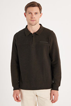 Erkek Standart Fit Pamuklu Selanik Kumaş Yarım Fermuarlı Polo Yaka Baskılı Kahverengi Sweatshirt