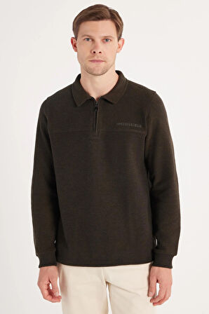 Erkek Standart Fit Pamuklu Selanik Kumaş Yarım Fermuarlı Polo Yaka Baskılı Kahverengi Sweatshirt