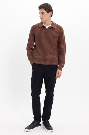 Erkek Standart Fit Normal Kesim Polo Yaka Kahverengi Kazak