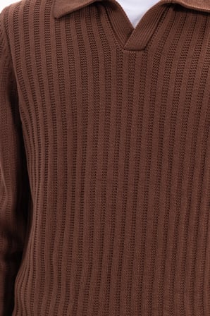 Erkek Standart Fit Normal Kesim Polo Yaka Kahverengi Kazak