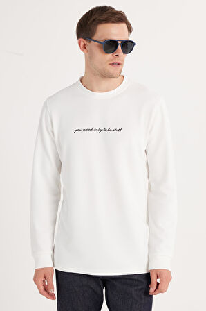 Erkek Standart Fit Pamuklu Bisiklet Yaka Şardonlu Baskılı Beyaz Sweatshirt 