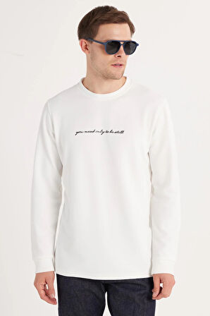 Erkek Standart Fit Pamuklu Bisiklet Yaka Şardonlu Baskılı Beyaz Sweatshirt 