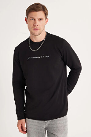 Erkek Standart Fit Pamuklu Bisiklet Yaka Şardonlu Baskılı Siyah Sweatshirt 