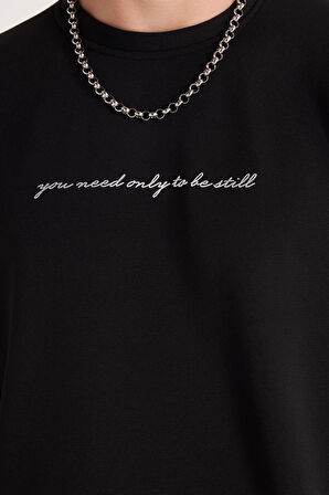 Erkek Standart Fit Pamuklu Bisiklet Yaka Şardonlu Baskılı Siyah Sweatshirt 