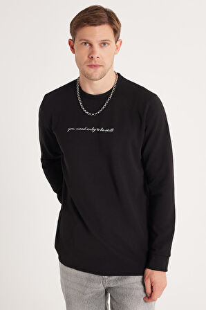 Erkek Standart Fit Pamuklu Bisiklet Yaka Şardonlu Baskılı Siyah Sweatshirt 