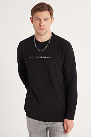 Erkek Standart Fit Pamuklu Bisiklet Yaka Şardonlu Baskılı Siyah Sweatshirt 