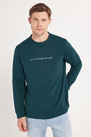 Erkek Standart Fit Pamuklu Bisiklet Yaka Şardonlu Baskılı Yeşil Sweatshirt 