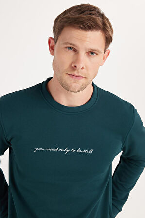 Erkek Standart Fit Pamuklu Bisiklet Yaka Şardonlu Baskılı Yeşil Sweatshirt 