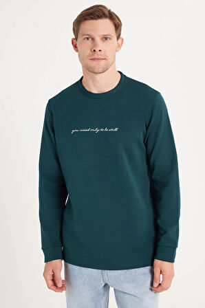 Erkek Standart Fit Pamuklu Bisiklet Yaka Şardonlu Baskılı Yeşil Sweatshirt 