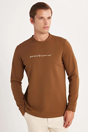 Erkek Standart Fit Pamuklu Bisiklet Yaka Şardonlu Baskılı Kahverengi Sweatshirt 