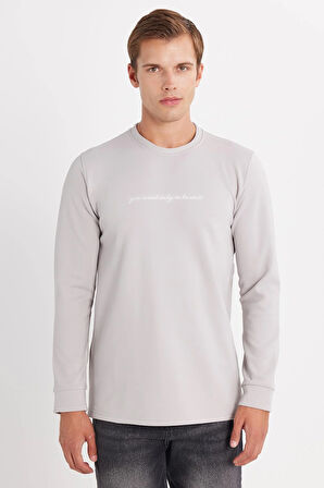 Erkek Standart Fit Pamuklu Bisiklet Yaka Şardonlu Baskılı Açık Gri Sweatshirt 