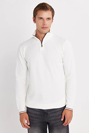 Erkek Slim Fit Dar Kesim Pamuklu Yarım Fermuarlı Dik Yaka Beyaz Sweatshirt