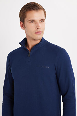 Erkek Slim Fit Dar Kesim Pamuklu Yarım Fermuarlı Dik Yaka Lacivert Sweatshirt