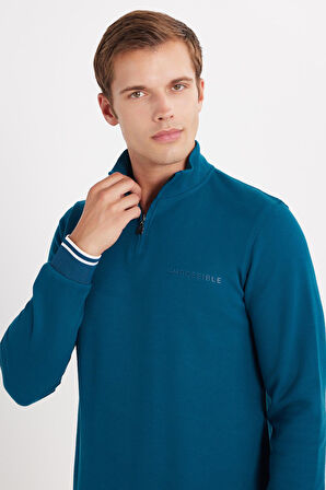 Erkek Slim Fit Dar Kesim Pamuklu Yarım Fermuarlı Dik Yaka Petrol Sweatshirt